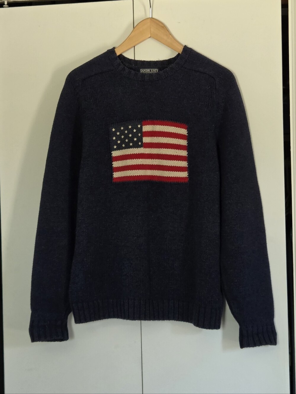 Lands End Navy Crewneck Sweater with American Flag
